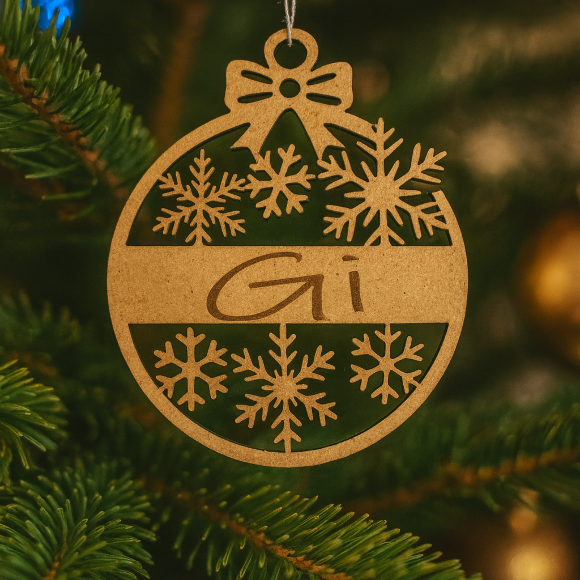 Bola de Natal Personalizada em MDF – Modelo Flocos de Neve